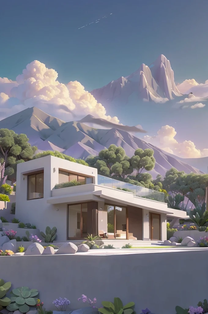 small and beautiful modern house in top of big boulders, terraces, pool, stairs, multiple cacti gardens, palms, trees, rocks, beautiful landscape design, mountains and volcano y background, amazing clouds, sun, moon, planets, milky way galaxy, concrete, wood, glass and steel materials, olive green, violet, orange and withe colors in facade