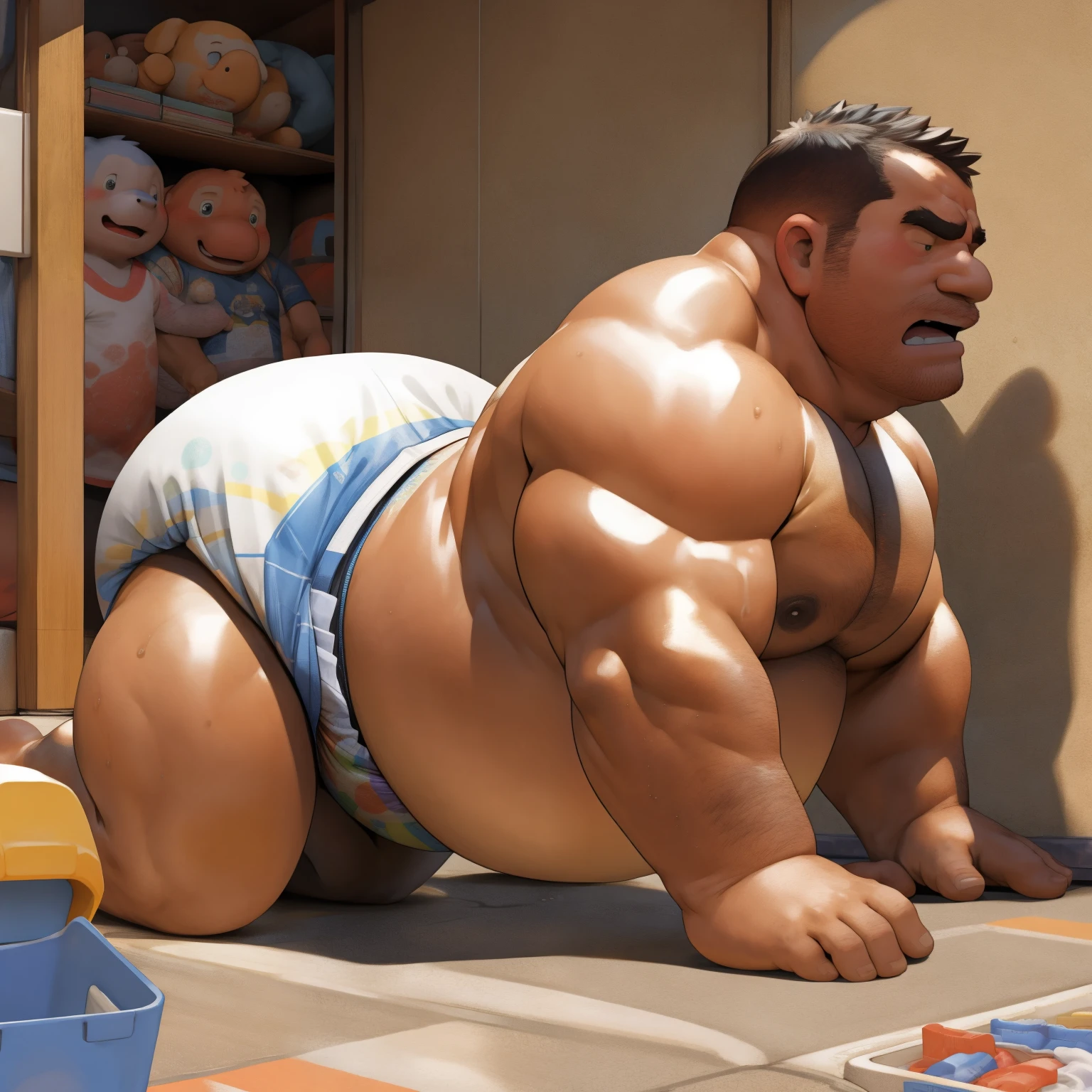 masterpiece, Top quality, in 32K, perfect anatomy, hyper detailed, super fine illustration, The thick man is a brutal prisoner, ed, hairy human, 50yo in Japan, (fatness: 1.0), Fatty muscle, Bowleg, disappointment, incontinent, be diaper check by children, waddle, There is a small puddle under him, incontinent, Naked, short legs, Bowleg, spread legs, wear a White cloth Diaper, Bare belly, Bare legs, Bare foots, Bare soles, Shirtless, wide forehead and short thinning hair, Man with round face with stubble, Bare foots, Bare soles, shy, sissy, Weaker than children, Drool, Round face, steams, Solo, He enters nursery school and is despised by children, He surrounded by children, His bottom is wet, Bare foots, big butt, he is scolded by the children, White Diaper, He surrounded by children, sobbing, wear a White cloth Diaper, shirtless, There is a small puddle under him, He enters nursery school and is despised by children, big butt, sobbing, He crawling to go to children, on all fours, side view