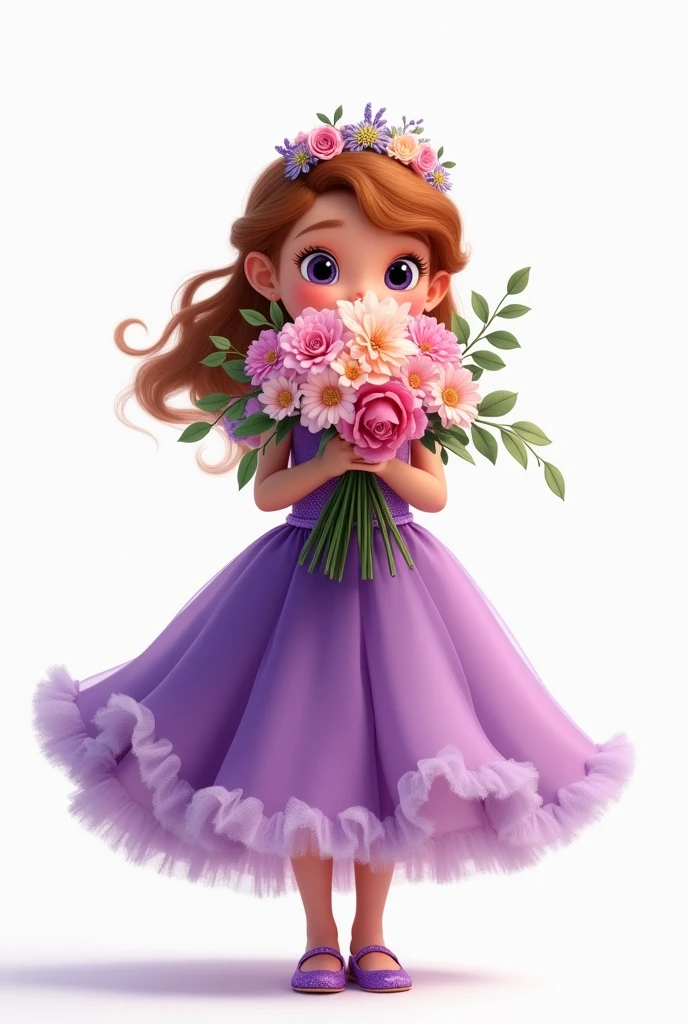 white background,baby girl standing,wearing beautiful party frock,purple shade full frill frock,wearing beautiful shoes,she holding large bunch of flowers,some flowers are fell down,nice smiling Sophia face,hide half face of flowers