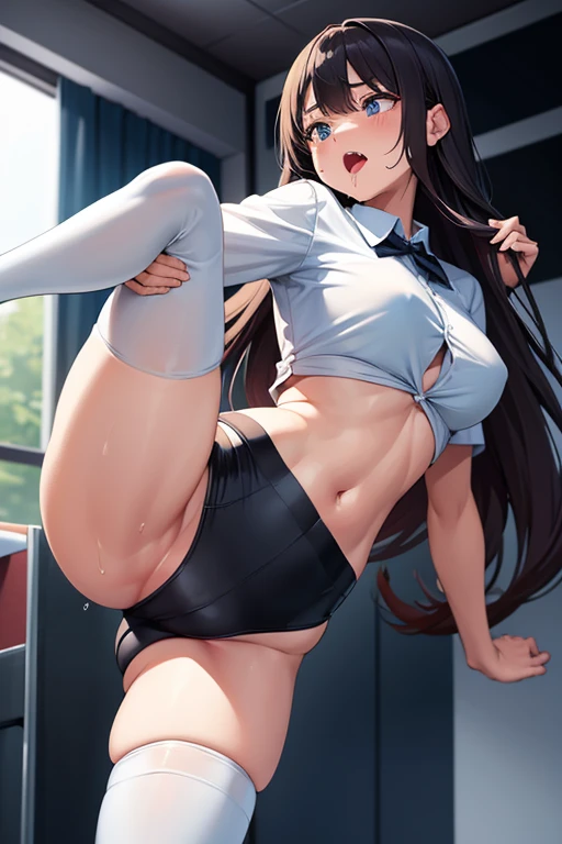 Girl with long hair, with short shirt, nothing but stockings and nothing else on top, sticking out tongue with drool, with stomach free of clothes and transparent clothing, sweating excessively, jumping on someone's penis, excitement, piernas más largas y gruesas, más gruesas mucho más gruesos, más y hermosa, pechos más grandes y la ropa rota, piernas más gruesas y hermosas, piernas más gruesas y lisas y sudorosas, más grasosa en el cuerpo
