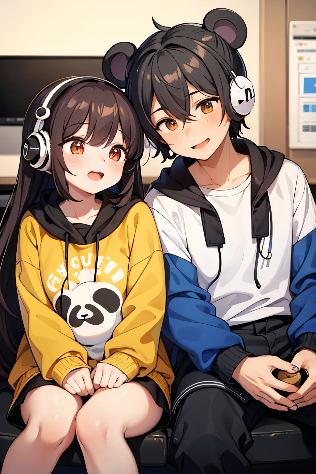 A cute panda-themed couple, one male and one female, sitting together in a cozy radio studio. The male and female pandas are wearing headphones, speaking into a microphone, with a warm and friendly atmosphere. The image should convey a sense of togetherness and teamwork in a radio or podcast setting."