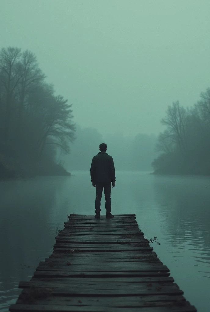 Man looking ex girl friend standing on the small river wooden bridge and sad sky background, this photo is enough but please remove the girl
