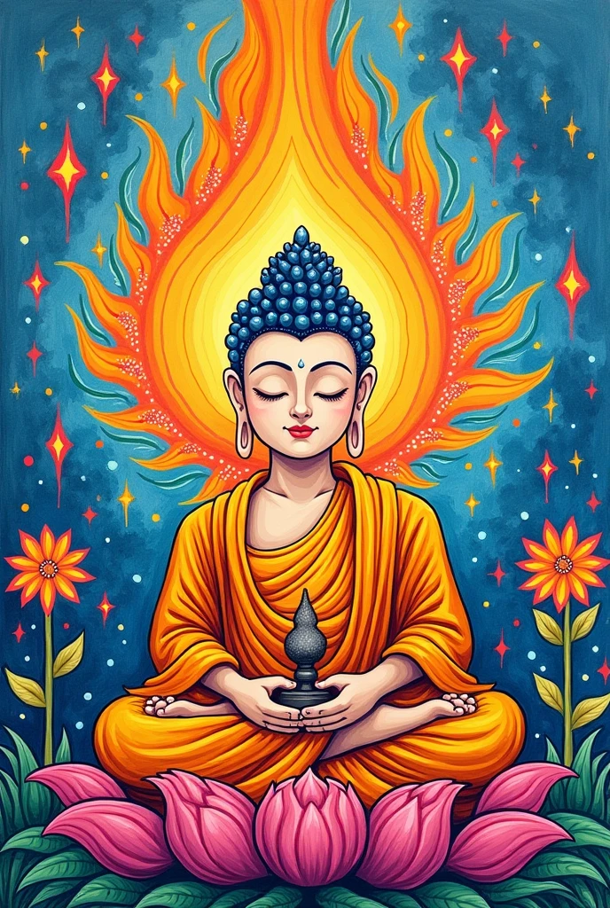 A drawing by a lower grade elementary school student, paints, Buddhist statue, elaborate decoration, Surrounded by an aura of divine light