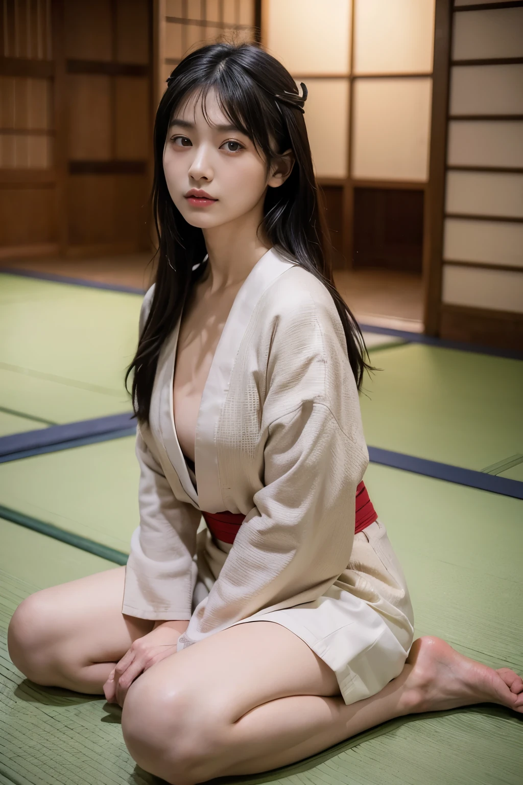 Sit on tatami , wooden cross neck less, Front view , (Full-body, floor ground, in jail), the Edo period, a Japaneses ancient girl, looking at viewer, erotic Japanese girl is 20 years old,   (Black hair ,long hair, Hime cut, Brown eye, little Lips, serious), (big breasts, wide hip), (obi)  (, ((Surrealism, Verism, UHD, retina, masterpiece, anatomically correct, accurate, textured skin, super detail, high details, high quality, best quality, highres, 8k))
