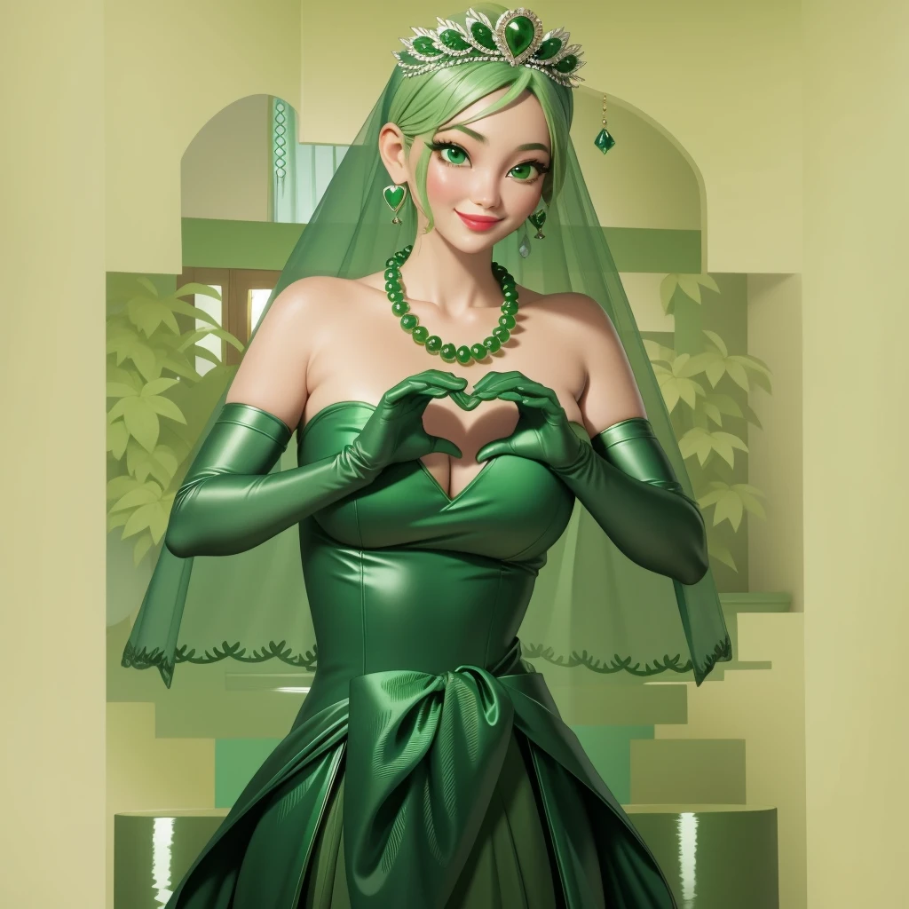 Emerald tiara, Green Pearl Necklace, ボーイッシュな非常に短いGreen Hair, Green Lips, Smiling Japanese woman, Very short hair, Busty beautiful lady, Green Eyes, Green satin long gloves, Green Eyes, Emerald Earrings, Green veil, Heart with both hands, Green Hair, Beautiful Japanese Woman, Heart shaped hands:1.3, green lip gloss
