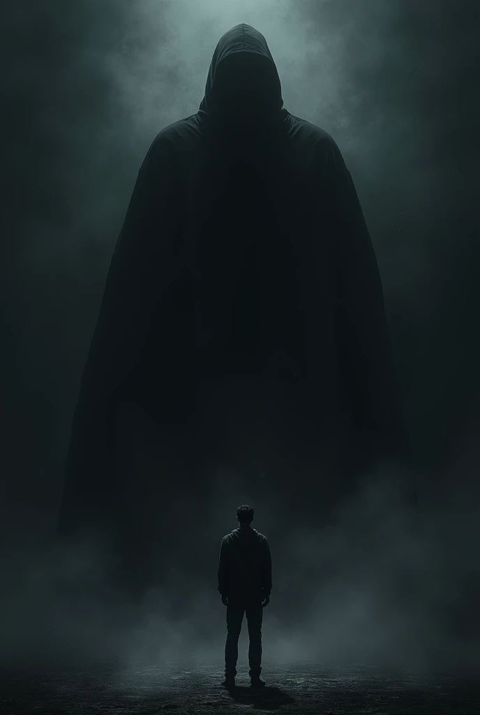 A man standing in darkness behind him a black shadow scary his size like man