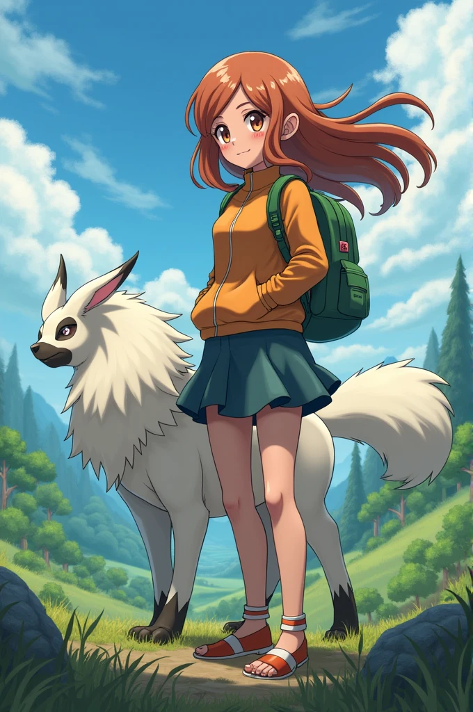 Female Pokémon Trainer, copper brown hair, long, thin skinned brown eyes with an absol pokemon on one side