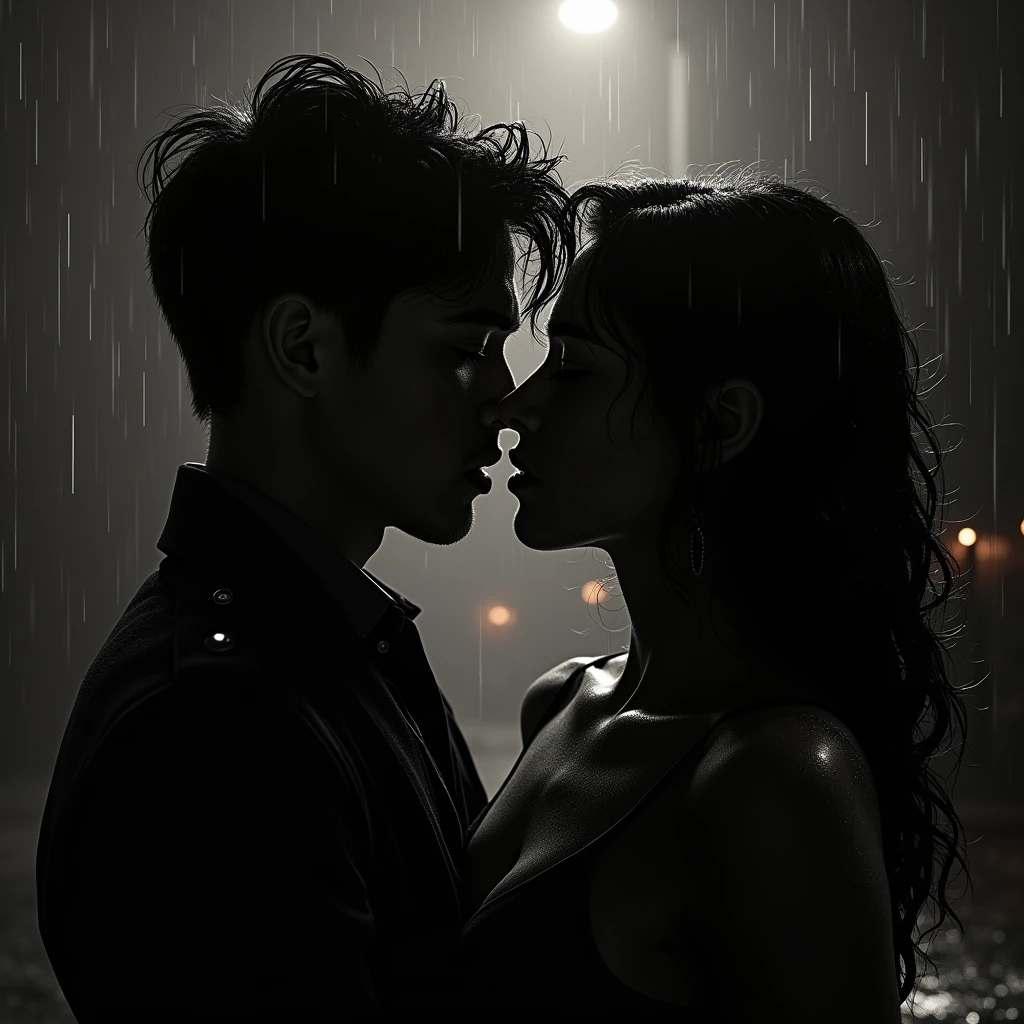 image noir et blanc, deux jeune s'embrassent sur la bouche humide en se regardant dans les yeux, sous la pluie, lèvres humides, éclairage en couleurs jaune, analog style