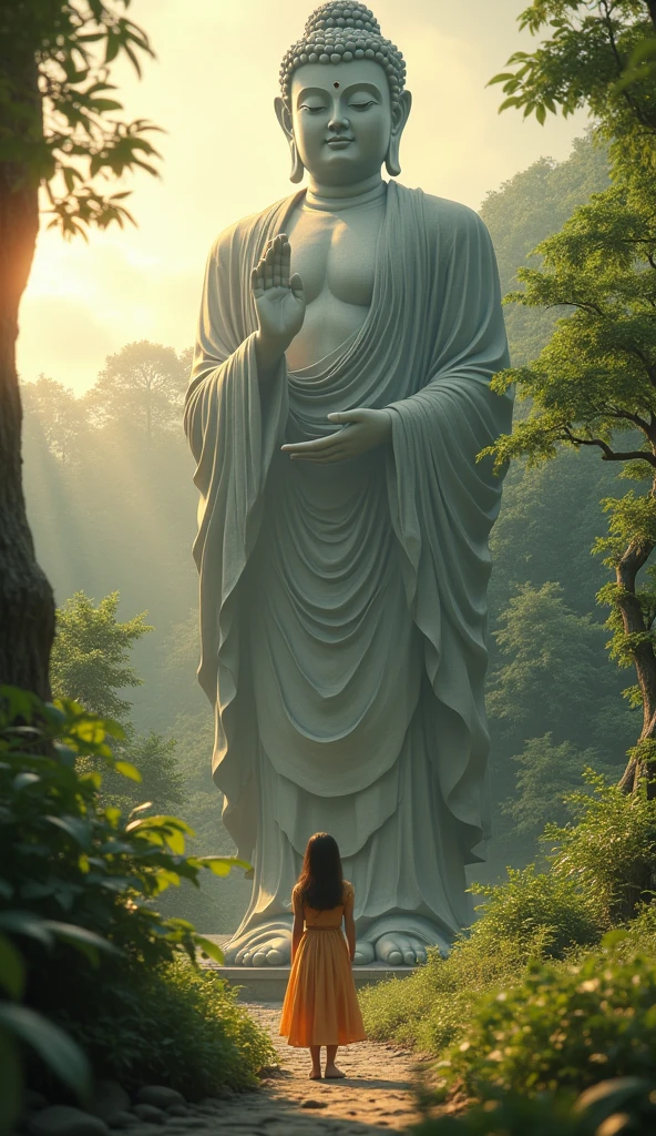 A young girl looking up at a towering buddha statue, intricate stone carving, serene expression, peaceful atmosphere, lush greenery, warm lighting, cinematic composition, highly detailed, photorealistic, 8k, masterpiece