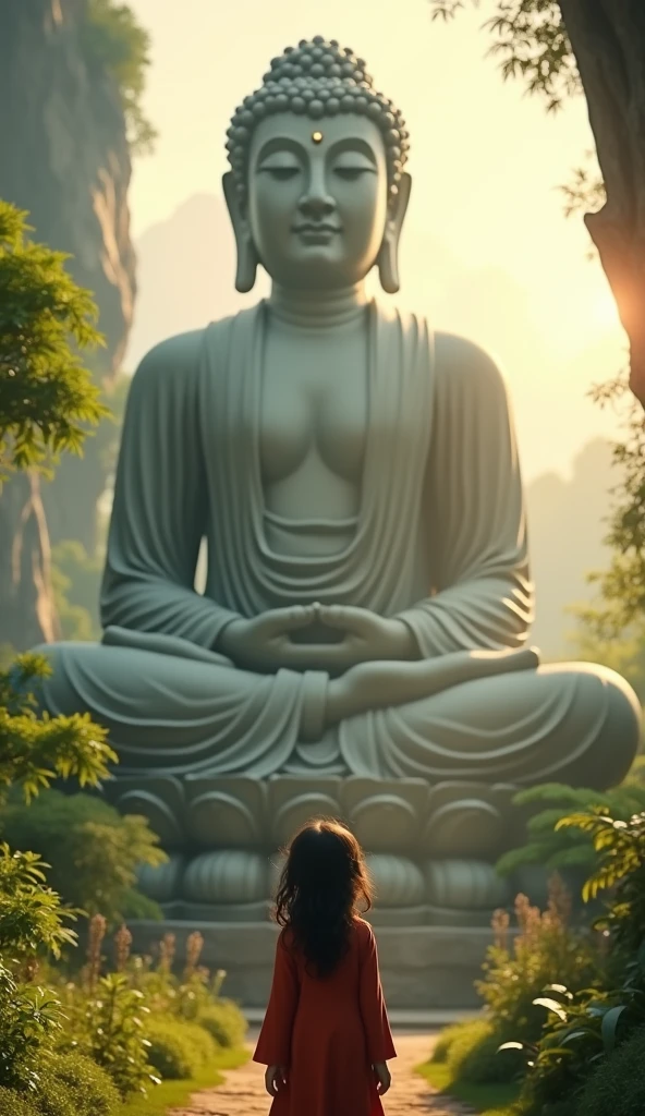 A young girl looking up at a towering buddha statue, intricate stone carving, serene expression, peaceful atmosphere, lush greenery, warm lighting, cinematic composition, highly detailed, photorealistic, 8k, masterpiece