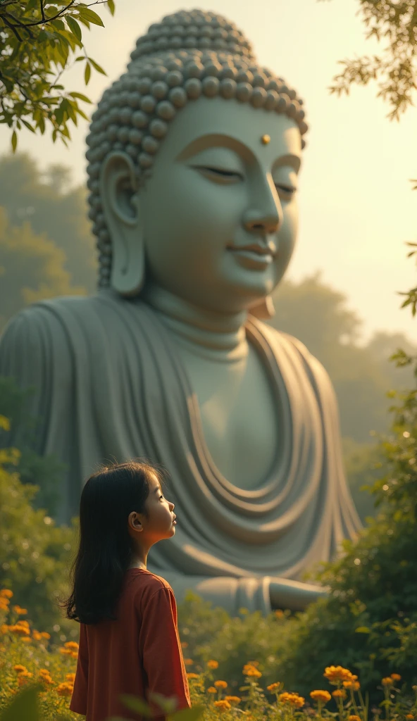 A young girl looking up at a towering buddha statue, intricate stone carving, serene expression, peaceful atmosphere, lush greenery, warm lighting, cinematic composition, highly detailed, photorealistic, 8k, masterpiece