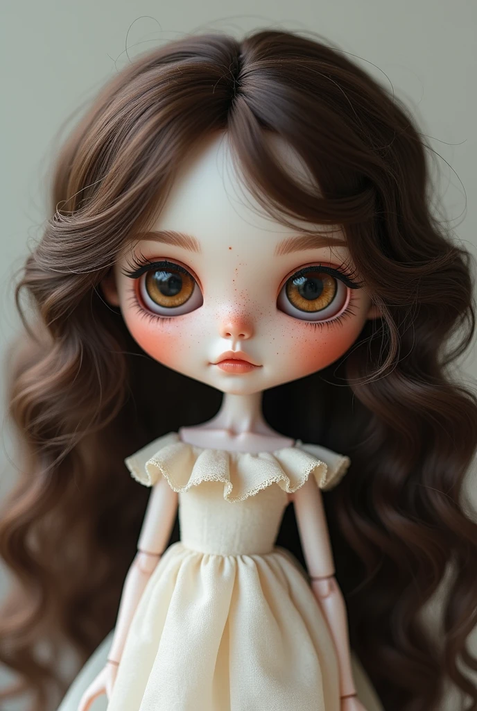 make me a blythe doll with white skin, long curly dark brown hair, brown dark eyes and freckles