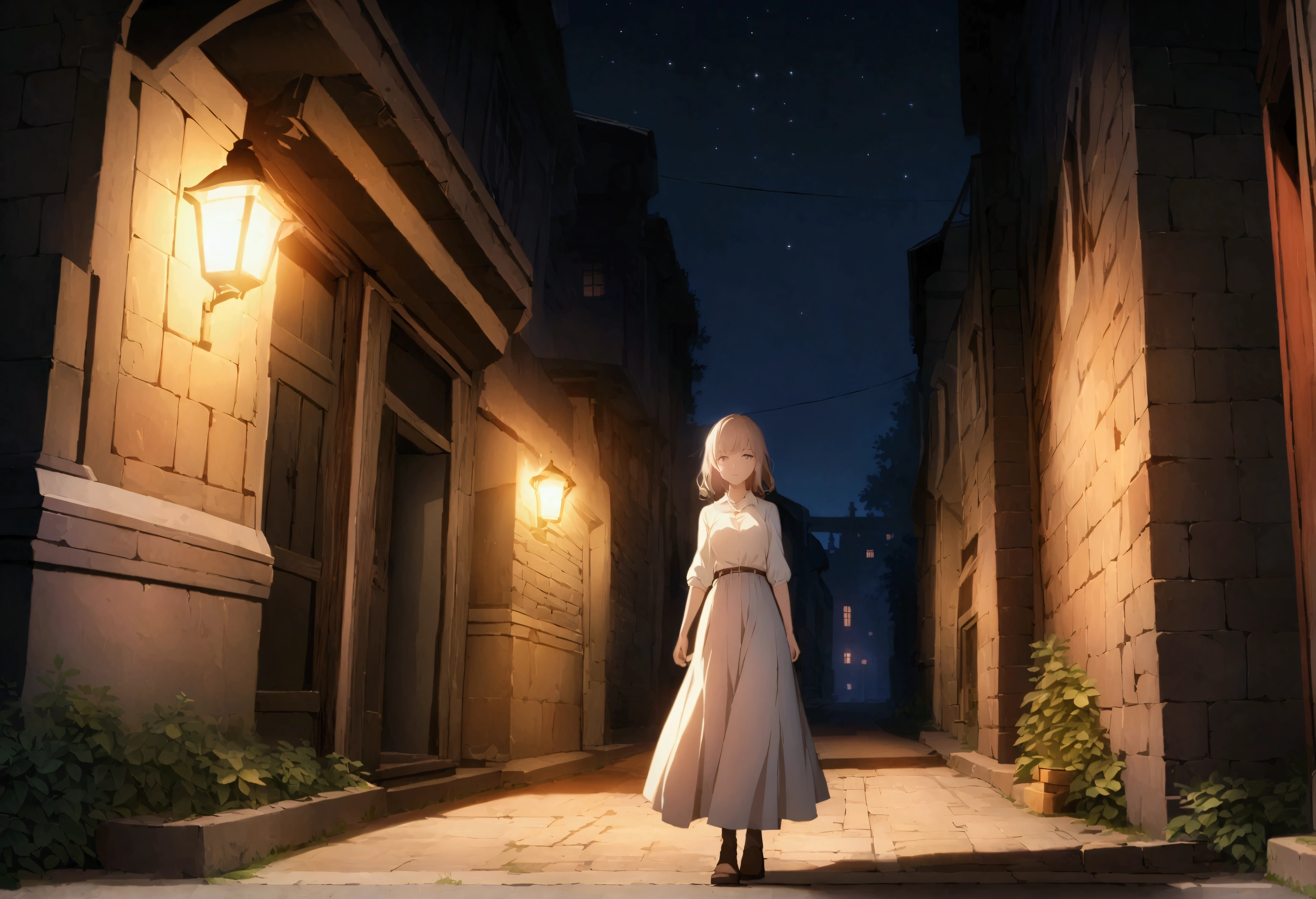 (Highly detailed CG Unity 8k wallpaper), Outdoor,Road with street lights at night、Beautiful young woman, skirt, full_body, dramatic, バックLight, Light, Volumetric Lighting, Delicate face, Simple Background