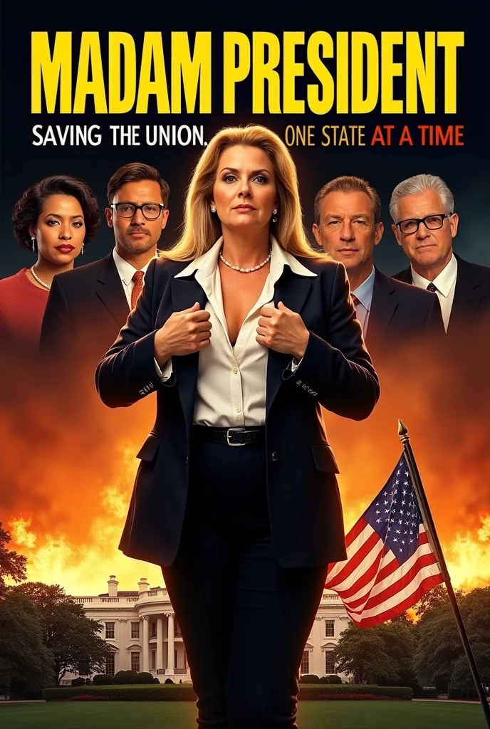 High quality, 1990s sci-fi movie poster, titled “Madam President” in bold large Yellow text, the tagline in smaller text “Saving the Union, One State at a Time.” Tall, chubby, Jewish Woman, age 60, chin up, looking down, thick body, broad shoulders, wide hips, long straight hair, formal suit, (plunging neckline), hands opening her shirt, behind her are five varying size headshots of other diverse ethnicity actors staggered, background is White House burning, tattered American flag waving