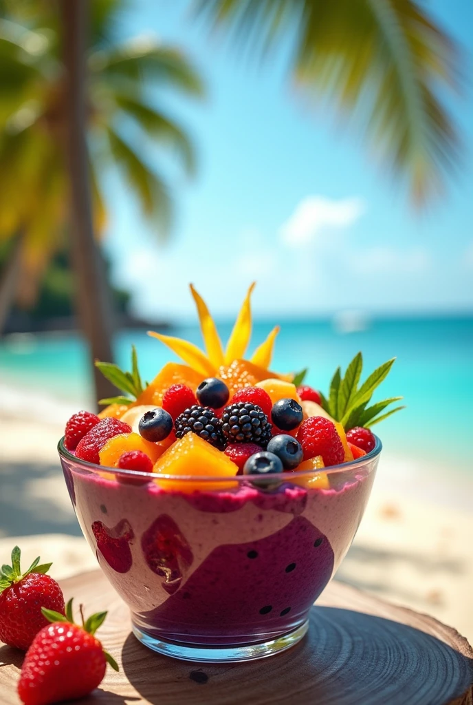Best image quality、Highest quality、up、masterpiece、Tropical Beach、Acai bowl、Shiny glass container、colorful、orange、jam、Gorgeous image