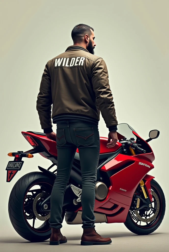 As an image of a man standing with his back turned with the name WILDER on his jacket standing in front of a red 3D motorcycle