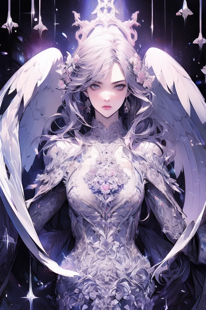 a beautiful flower angel, futuristic gothic style, extremely detailed face and body, anime-inspired, photorealistic, cinematic lighting, intricate floral patterns, ethereal wings, dramatic pose, moody color palette, volumetric light effects, hyper-realistic textures, ornate gothic architecture, stunning digital art