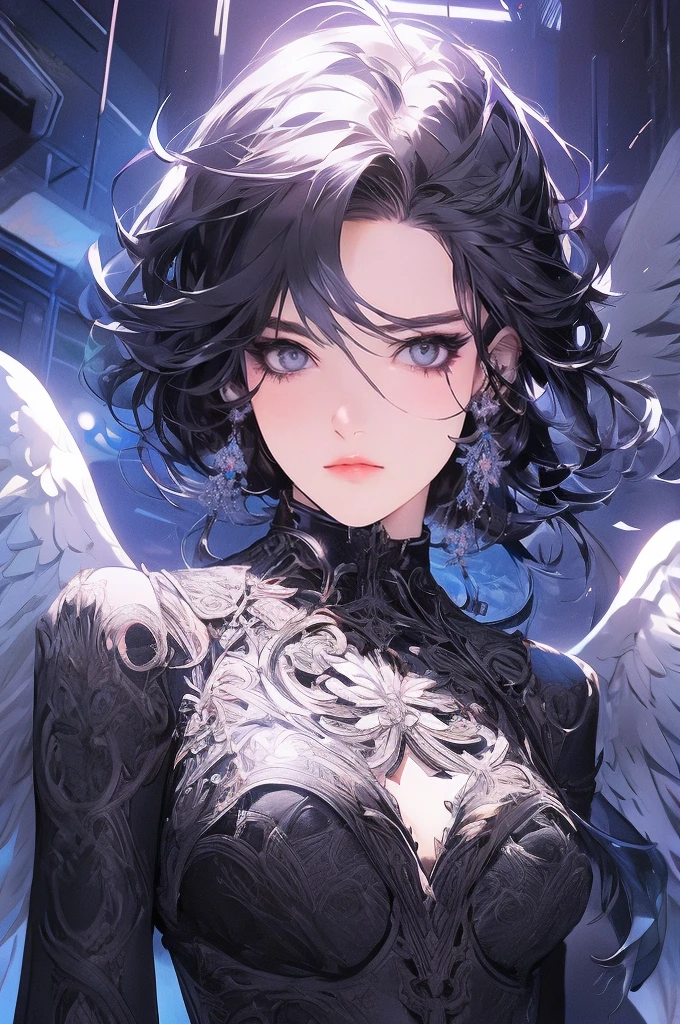 a beautiful flower angel, futuristic gothic style, extremely detailed face and body, anime-inspired, photorealistic, cinematic lighting, intricate floral patterns, ethereal wings, dramatic pose, moody color palette, volumetric light effects, hyper-realistic textures, ornate gothic architecture, stunning digital art
