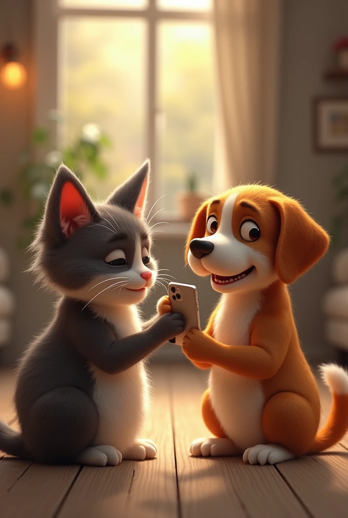 cat giving an iphone to a crying dog