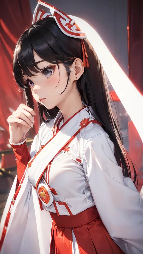 One person (Miko costume, White sleeves, Long scarlet skirt,lots of head accessories:1.5) (cute,Solemn,Real Face,Big eyes:1.4) Listen straight, Black Hair, Long Hair Cowboy Shot,profile, I&#39;m looking forward to (Ceremony at the shrine, At night, Japanese lanterns in the background:1.4) break japanese, Japanese Idols, Iris, (Highest quality, Ultra-high resolution, Realistic, RAW Photos, Real person, Portrait Photography, Realistic, Detailed skin, Fair skin, Beautiful attention to detail)  Holy God