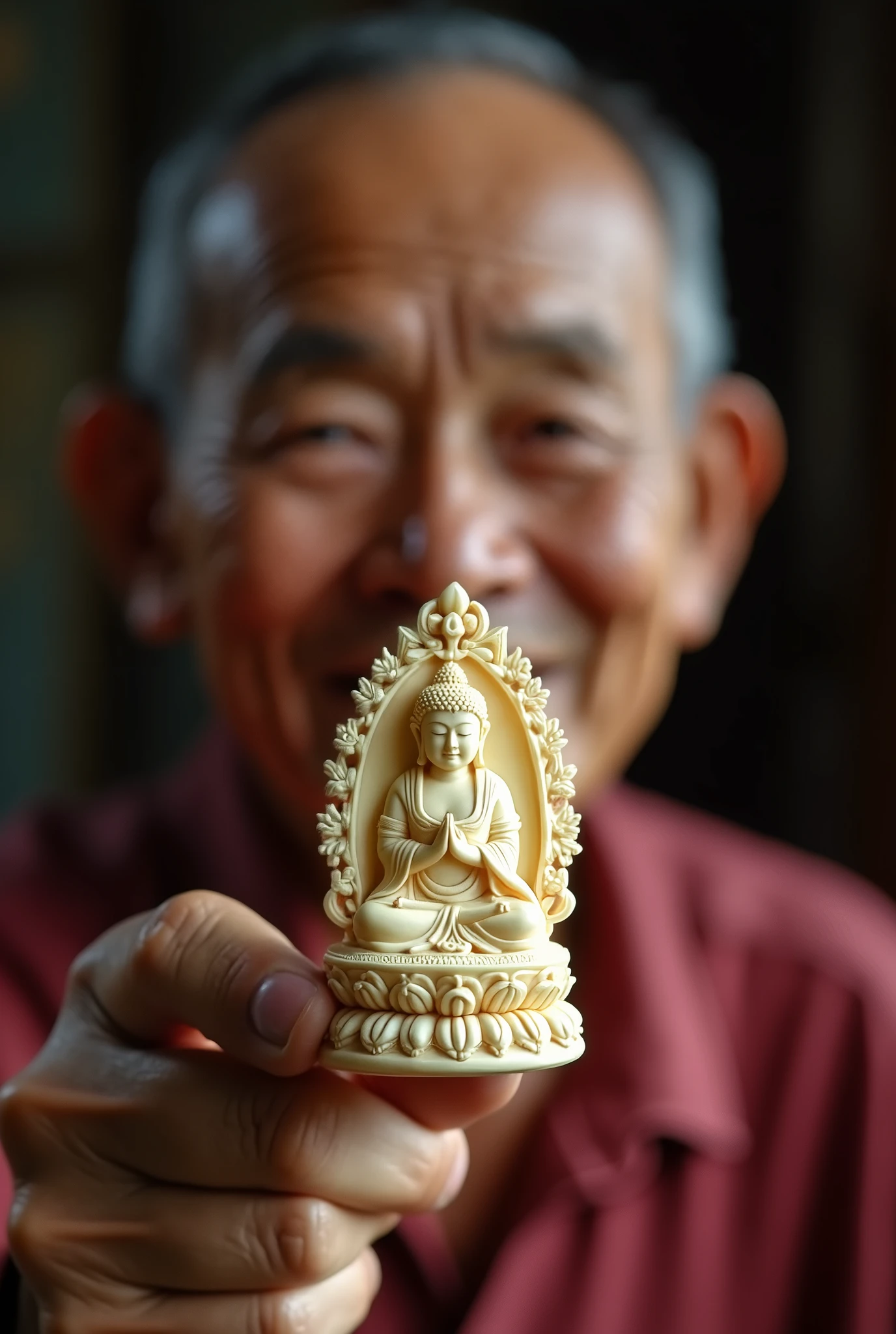 mini size Buddha statue about 1centi meter, slender adult Buddha statue, made of ivory, very elaborate and beautiful, beautiful ornament\(flowers, lotus, halo, etc\) carved, fearless face, covered with clear case and made into a pendant, poor skinny Thailand old man holding it on 1finger with great care and showing it very happily, focus on the Buddha statue, close-up photo of Buddha statue,beautiful lighting,
