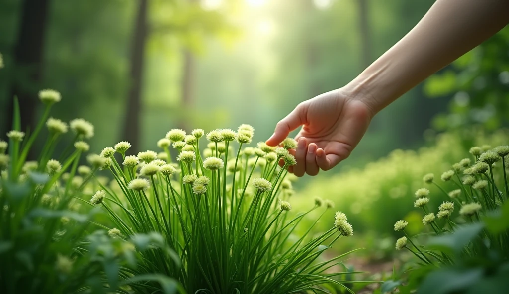 In the osmanthus forest, there are leeks with green flowers everywhere.,A hand picked the chives with green flowers(best quality,4K,8k,High level,masterpiece:1.2),Ultra Detailed,(lifelike,Photo real,Photo real:1.37)