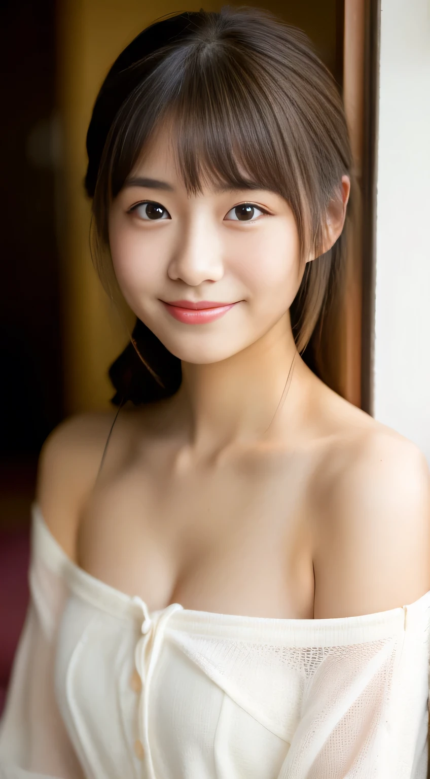 masterpiece,best quality,(Japanese girl),((Beautiful girl)),cleavage,(off shoulder:1.2),(perfect body beauty:1.2),(shy smile),From slightly above