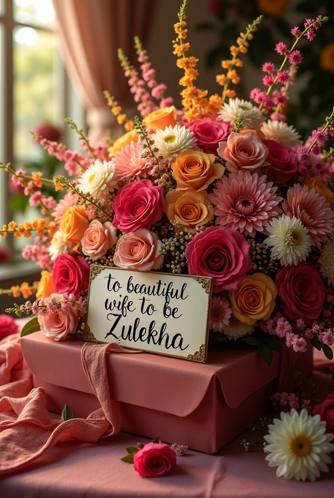 Create a banquet of flowers with a card Written "To beautiful wife to be Zulekha"