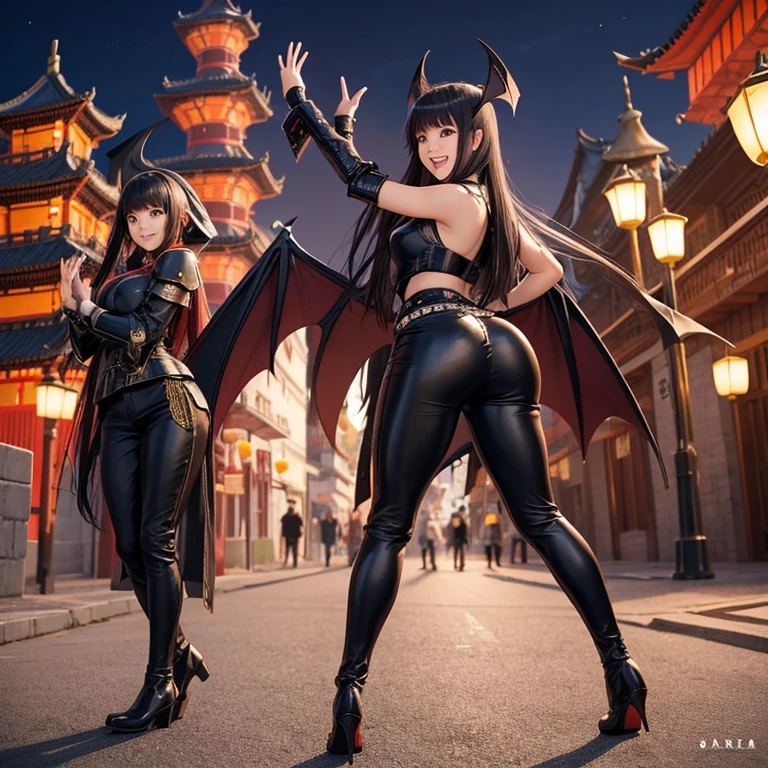 Girls, Anime, Black Leather Pants, Chinese Knight Armor, Long Hair with bangs, Chinese Castle, Giant Bat Wings, Asian, Smile, Friendly, Open Mouth, Full Body.