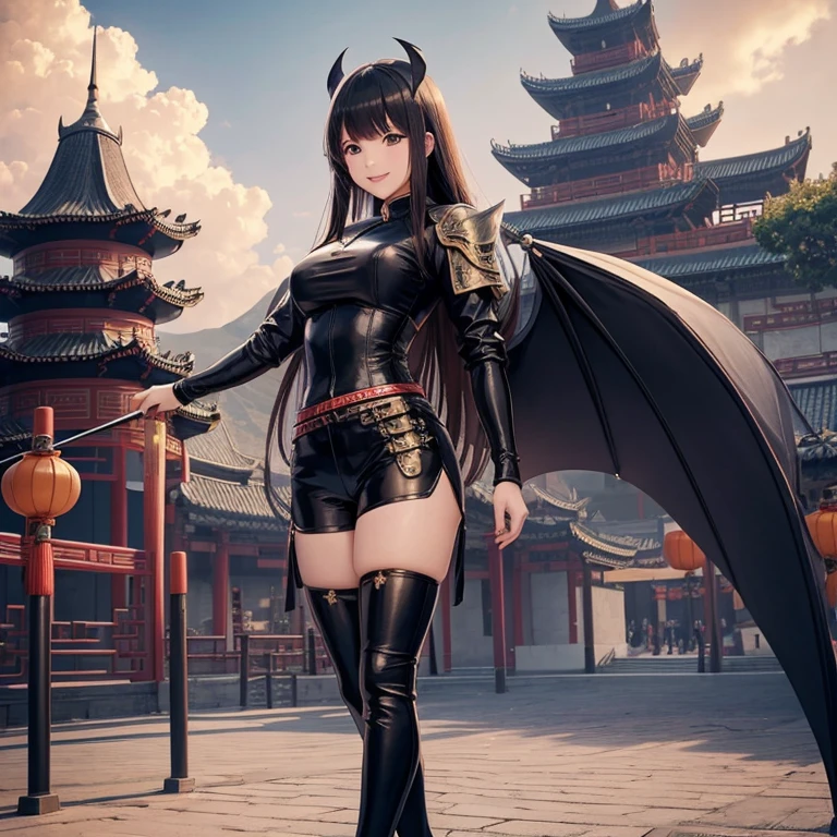 Girls, Anime, Black Leather Pants, Chinese Knight Armor, Long Hair with bangs, Chinese Castle, Giant Bat Wings, Asian, Smile, Friendly, Open Mouth, Full Body.