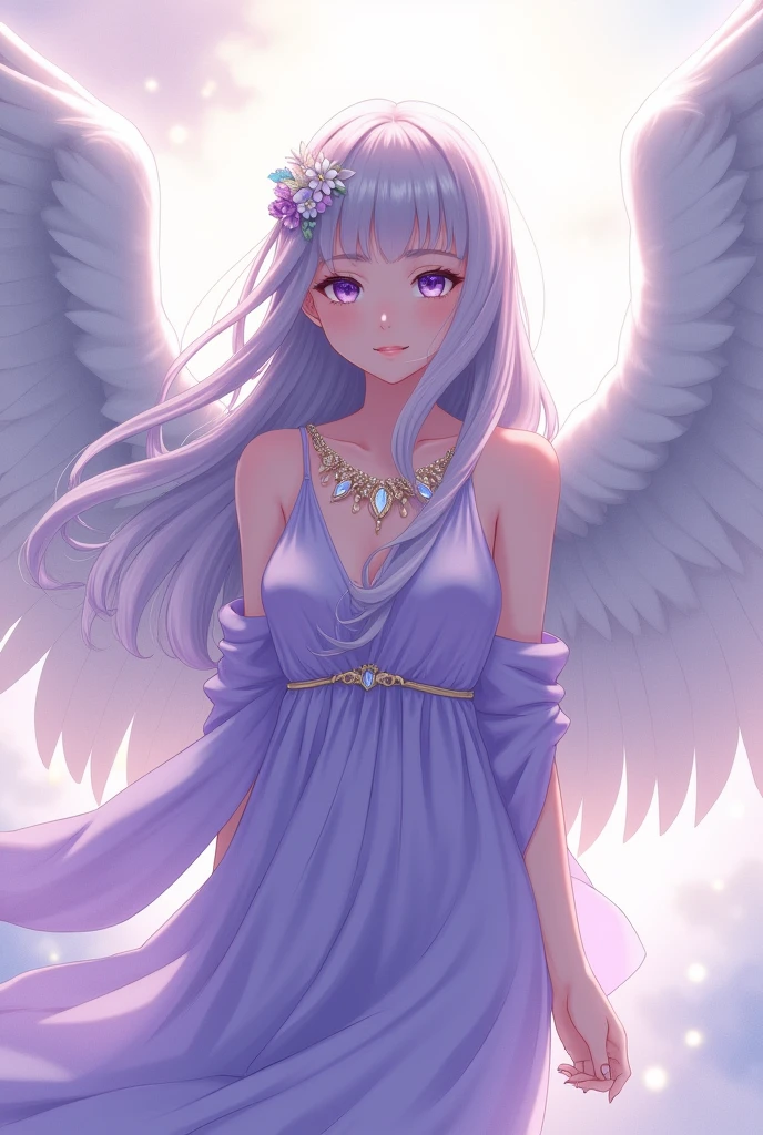 Anime Angel purple white dress with huge wings and wearing beautiful necklace

Yenyen Qhiu words in the picture