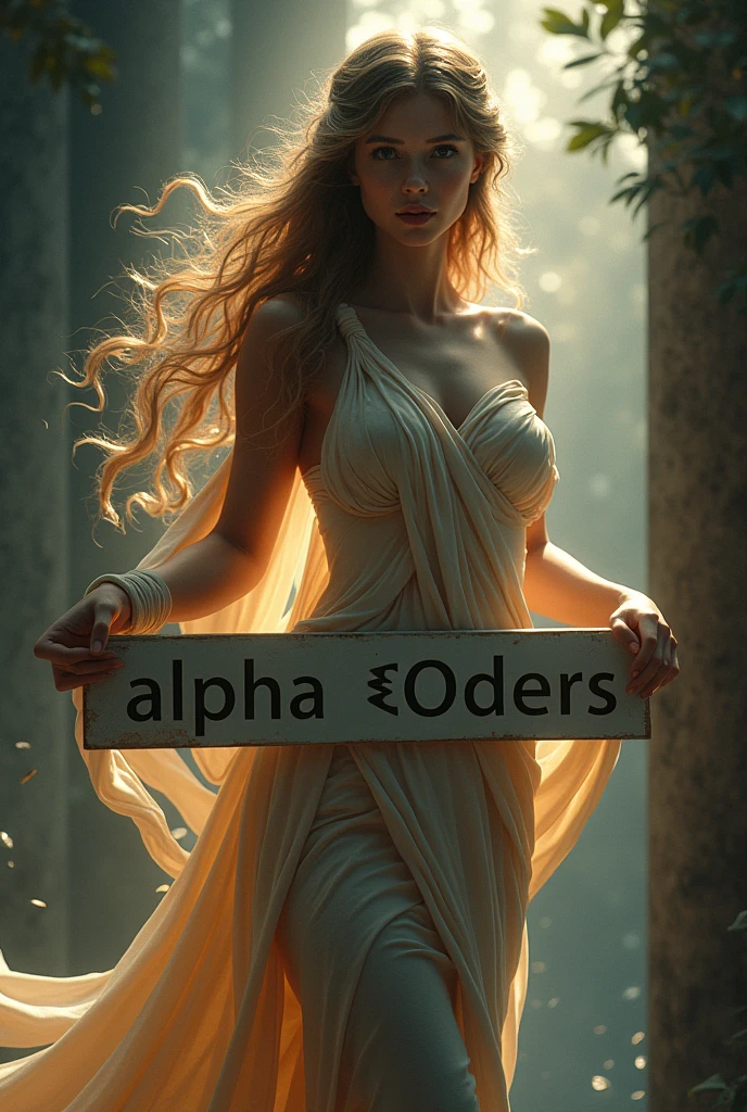 a beautiful young greek muse, holding a sign that says "alpha C0ders", surrealistic, artistic photo, ethereal, glowing skin, long flowing hair, dramatic lighting, dramatic pose, dramatic background, cinematic, epic, masterpiece, ultra-detailed, hyper-realistic, 8k, photorealistic, vibrant colors, chiaroscuro, dramatic shadows, dramatic highlights, moody, atmospheric