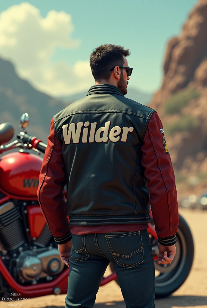 As an image of a man standing with his back turned with the name WILDER on his jacket standing in front of a red cartoon motorcycle