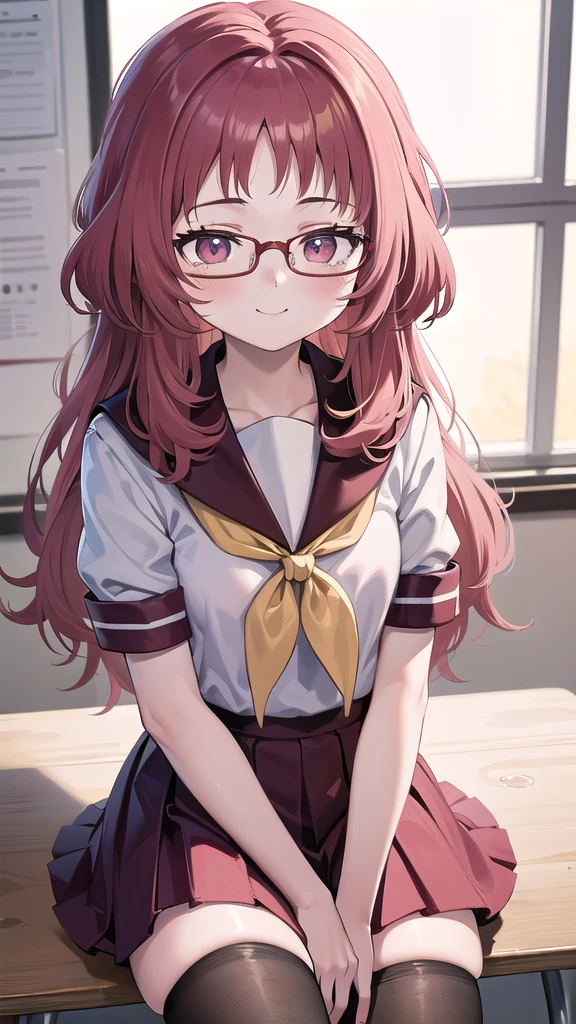 Masterpiece, perfect lighting, (beautiful, Best Quality: 1.3), Perfect eyes, absurd, 8k, 1 girl, alone, (absurds), finely detailed, eat_My, wide, Red eyes, Red hair, glasses rojas, small breasts, smiling, in love, looking at the viewer, sitting, thigh, glasses, wide, black stockings, Serapuku, sailor collar, yellow scarf, White shirt, purple eyes, Red dress, Red hair, classroom