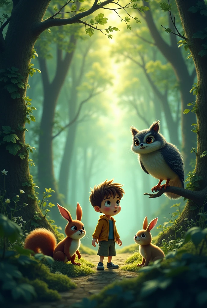 A boy lost in the forest, a kind owl, a kind squirrel and a kind rabbit