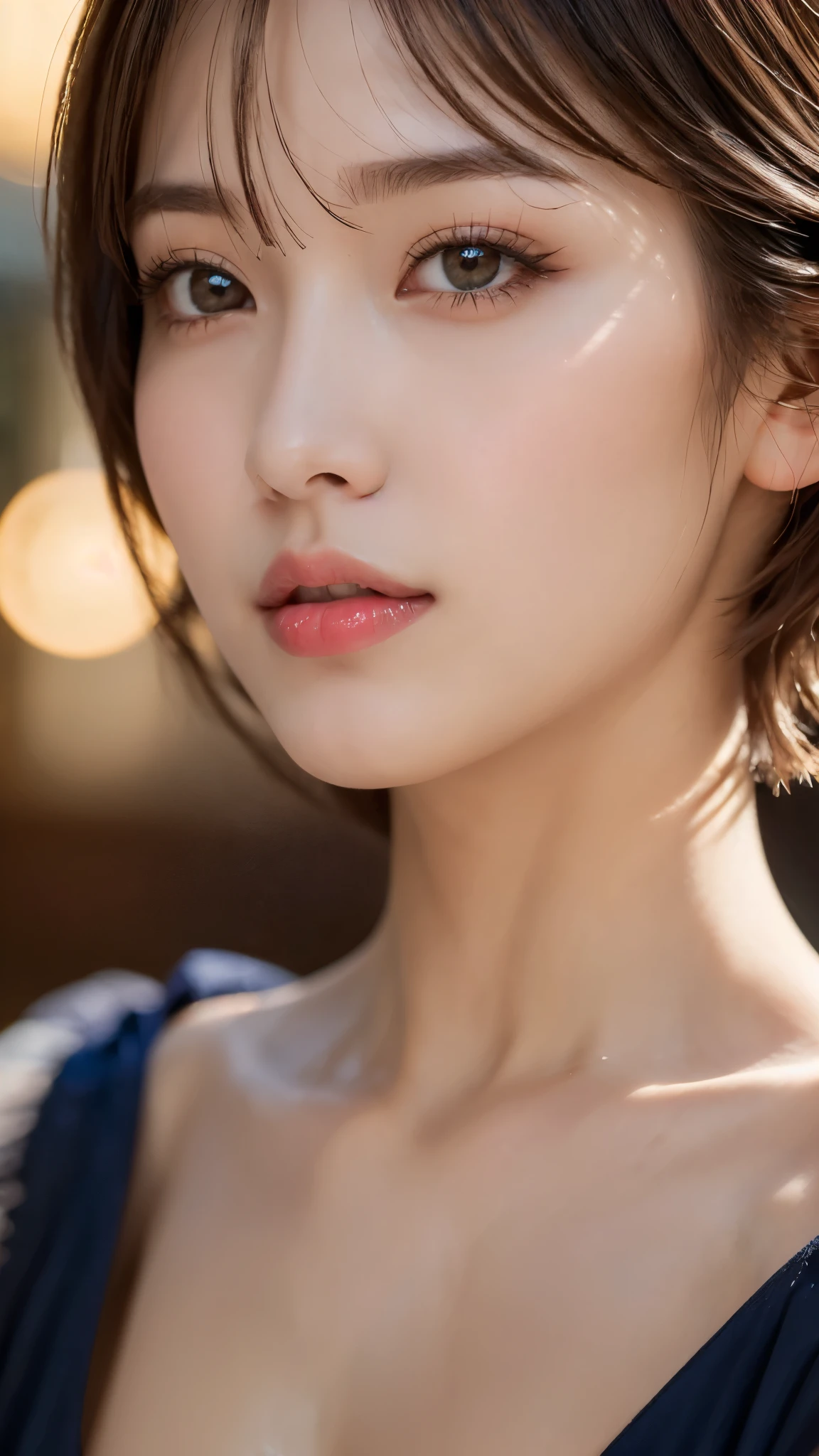 (Photorealistic, 32k, RAW photo, best quality:1.4), (masterpiece:1.3), (ultra high resolution, ultra realistic, highly detailed, golden ratio, ultra detailed), 1 beautiful woman, natural makeup, intricate cloth texture, finely detailed hair texture, beautiful full-body, perfect female form, anatomically accurate, highly detailed face and skin, (elegant hands), (realistic skin), (beautiful pale skin:1.1), (extreme close-up:2.0), (Oversized Breasts), (Wearing blue Swing Dress:1.5),
BREAK,
realistic eyes, captivating detailed eyes, symmetric eyes, light brown eyes, double eyelids, thin eyebrows, (glossy lips:1.4), (kissable expression, blush:1.3),
BREAK,
((short bob cut, dark brown hair, bangs:1.2)), (Late Night, Moonlit night, veranda:1.3)