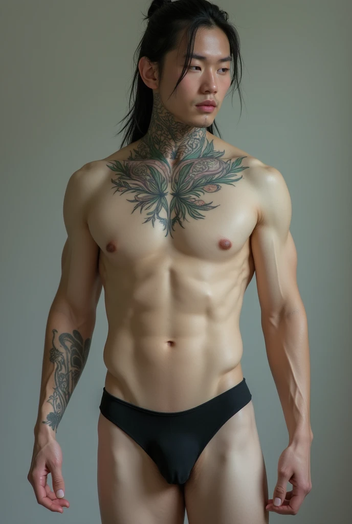 A tall Asian guy, not too muscular but with abs.. Il a la peau blanche comme de la porcelaine avec des tatouage sur le cou. he has no beard. He has a 15 cm penis. He has his hair tied up. 