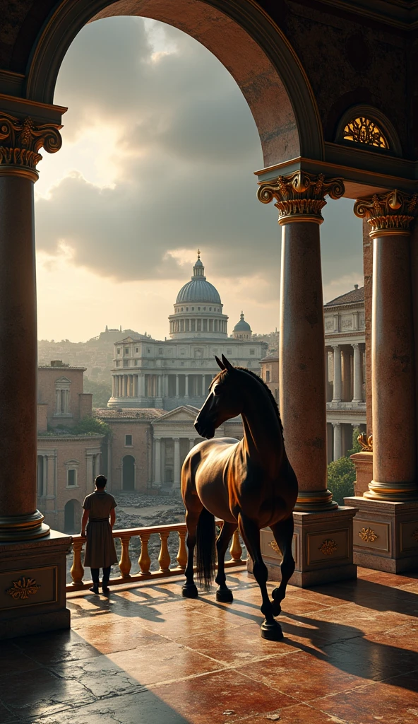Close-up shot, Low angle shot, (A panoramic view of Rome, with the city’s iconic landmarks—the Colosseum, the Pantheon, and the Roman Forum—standing under a dark, ominous sky. In the foreground, Incitatus prances in its marble stable, which is lavishly decorated with gold-trimmed columns, a golden feed trough, and servants attending to its every need. The background shows the city in turmoil; buildings are cracked, and statues are crumbling, symbolizing the decay of the Roman Empire under Caligula’s rule.) unreal engine, cinematic, hyper-real, highly detailed, Ultra realistic HD --q 2 --v 6.1 --ar 9:16