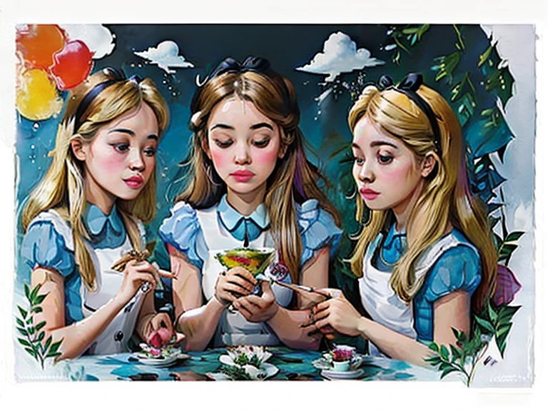 Four girls, tea time, tea leaves, painting, portrait, smoke, colorful cloud, paper cut