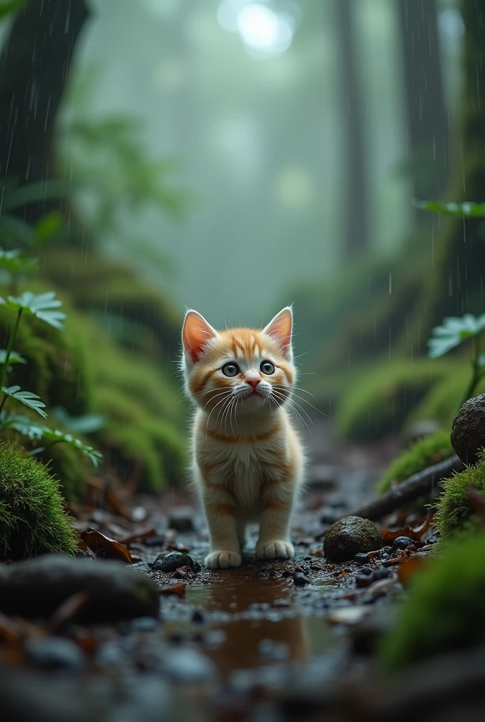 Cute close-up photo of a kitten lost in the woods., Overcast (rain: 1.3), (Kinetics: 1.2), complicated details, ((A cat walks in the forest.)) ,Two-legged standing