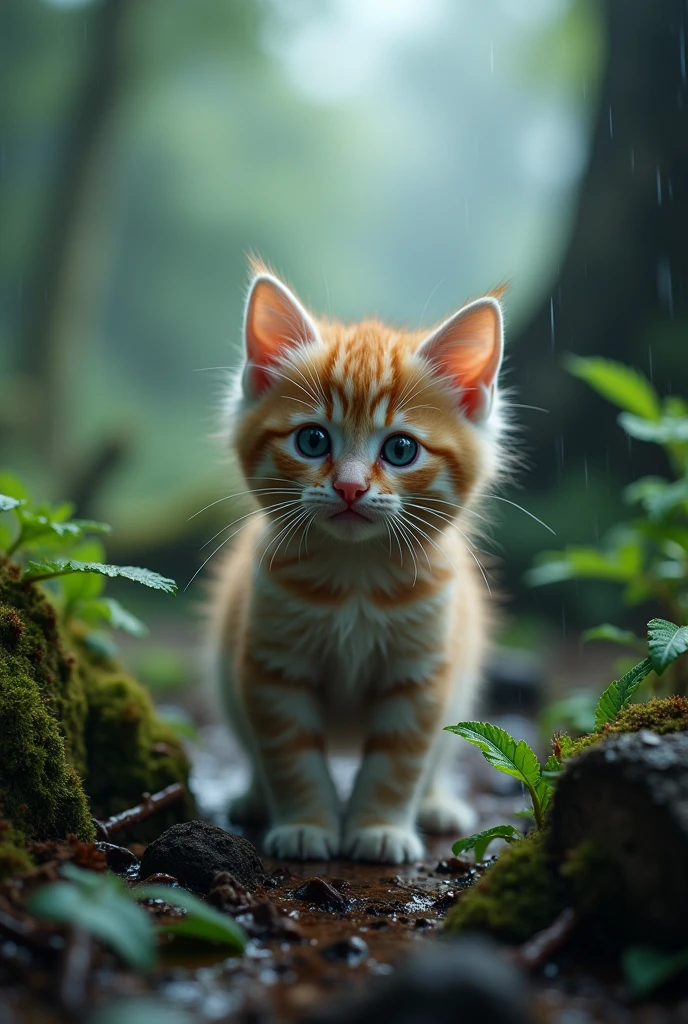 Cute close-up photo of a kitten lost in the woods., Overcast (rain: 1.3), (Kinetics: 1.2), complicated details, ((A cat walks in the forest.)) ,Two-legged standing