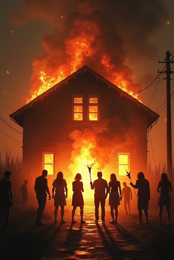 Some people are setting fire to a house. 
They had sticks and torches in their hands.
