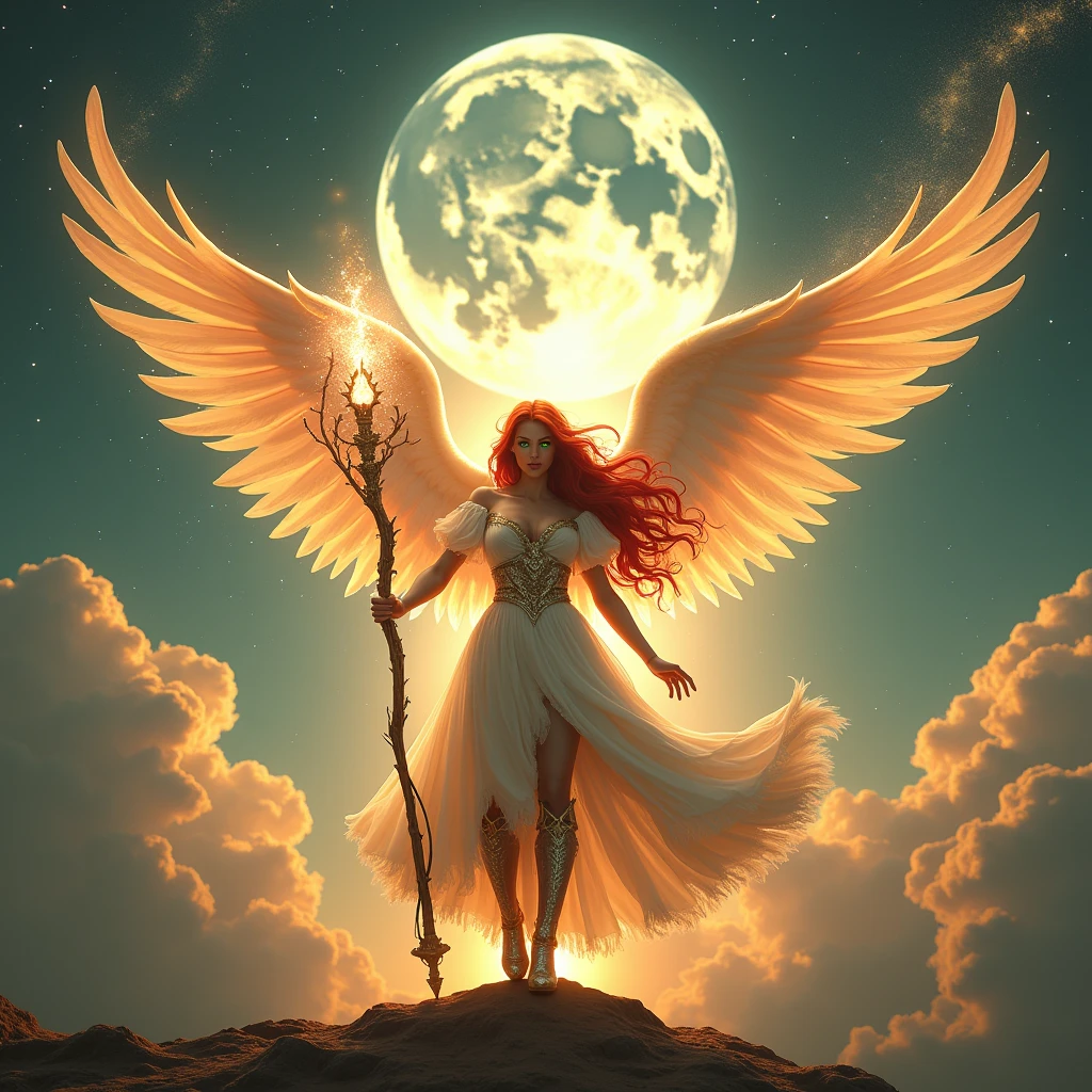 In the celestial expanse of fantasy heaven, a majestic Aasimar sorceress stands tall, bathed in divine light, as she unleashes a blazing spell. Set against a panoramic backdrop of a full moon, twinkling stars, and wispy clouds, her figure is rendered in photorealistic detail, with high-heel boots and flowing red locks billowing behind her. Her intense green gaze pierces the radiance, as her staff crackles with energy, illuminating the delicate features of her ultra-feminine visage. Angelic wings, spread wide like embracing arms, frame her silhouette against the soft focus of the clouds, while the cinematic lighting casts a dramatic shadow on the heavens, highlighting the sorceress's regal presence , retina, accurate, masterpiece, super detail, high details, best quality, award winning, highres, HD, 4K, 8k, 16k,