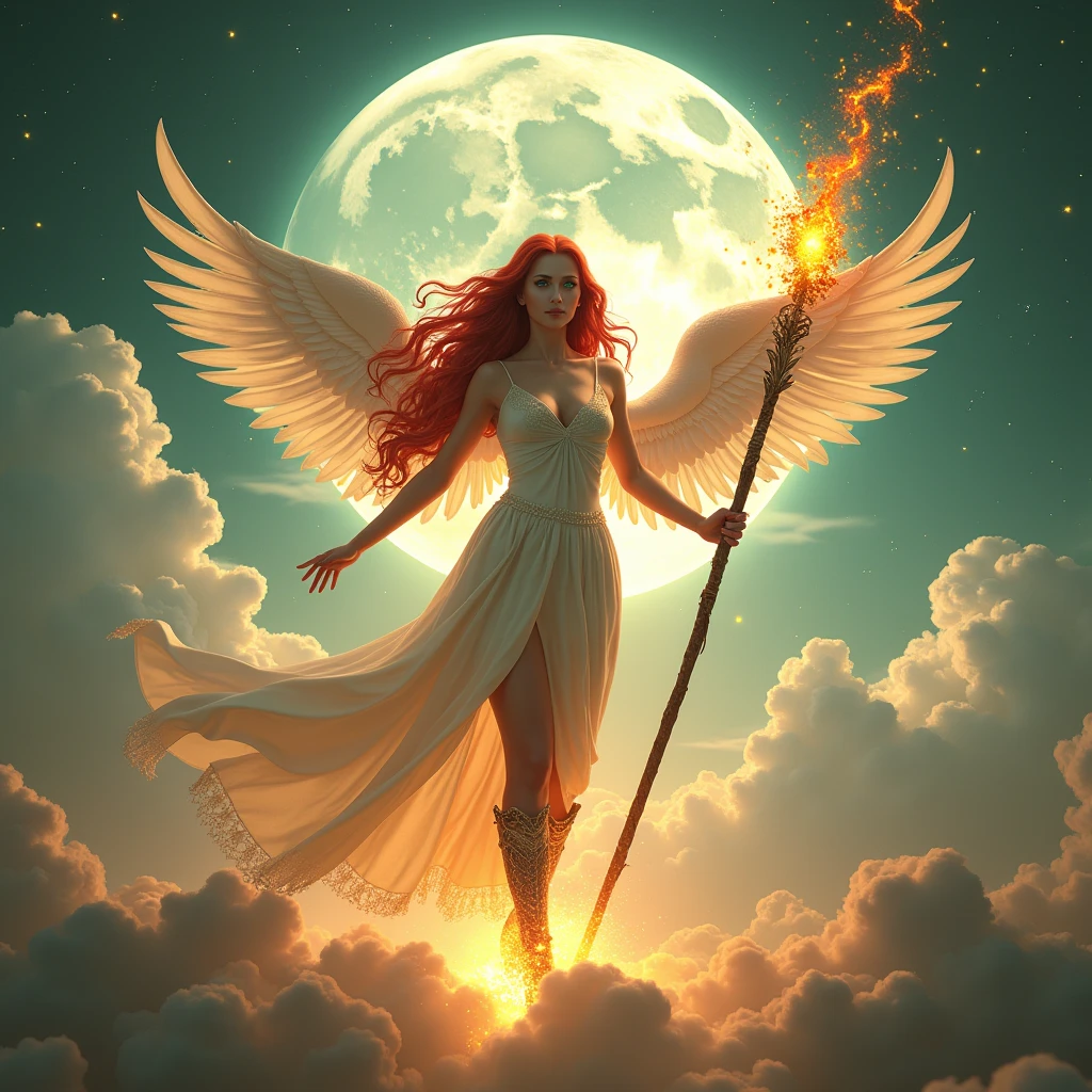 In the celestial expanse of fantasy heaven, a majestic Aasimar sorceress stands tall, bathed in divine light, as she unleashes a blazing spell. Set against a panoramic backdrop of a full moon, twinkling stars, and wispy clouds, her figure is rendered in photorealistic detail, with high-heel boots and flowing red locks billowing behind her. Her intense green gaze pierces the radiance, as her staff crackles with energy, illuminating the delicate features of her ultra-feminine visage. Angelic wings, spread wide like embracing arms, frame her silhouette against the soft focus of the clouds, while the cinematic lighting casts a dramatic shadow on the heavens, highlighting the sorceress's regal presence , retina, accurate, masterpiece, super detail, high details, best quality, award winning, highres, HD, 4K, 8k, 16k,