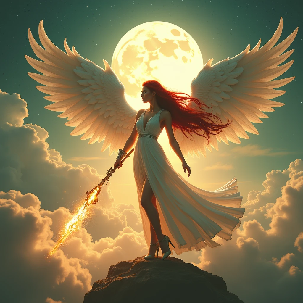 In the celestial expanse of fantasy heaven, a majestic Aasimar sorceress stands tall, bathed in divine light, as she unleashes a blazing spell. Set against a panoramic backdrop of a full moon, twinkling stars, and wispy clouds, her figure is rendered in photorealistic detail, with high-heel boots and flowing red locks billowing behind her. Her intense green gaze pierces the radiance, as her staff crackles with energy, illuminating the delicate features of her ultra-feminine visage. Angelic wings, spread wide like embracing arms, frame her silhouette against the soft focus of the clouds, while the cinematic lighting casts a dramatic shadow on the heavens, highlighting the sorceress's regal presence , retina, accurate, masterpiece, super detail, high details, best quality, award winning, highres, HD, 4K, 8k, 16k,
