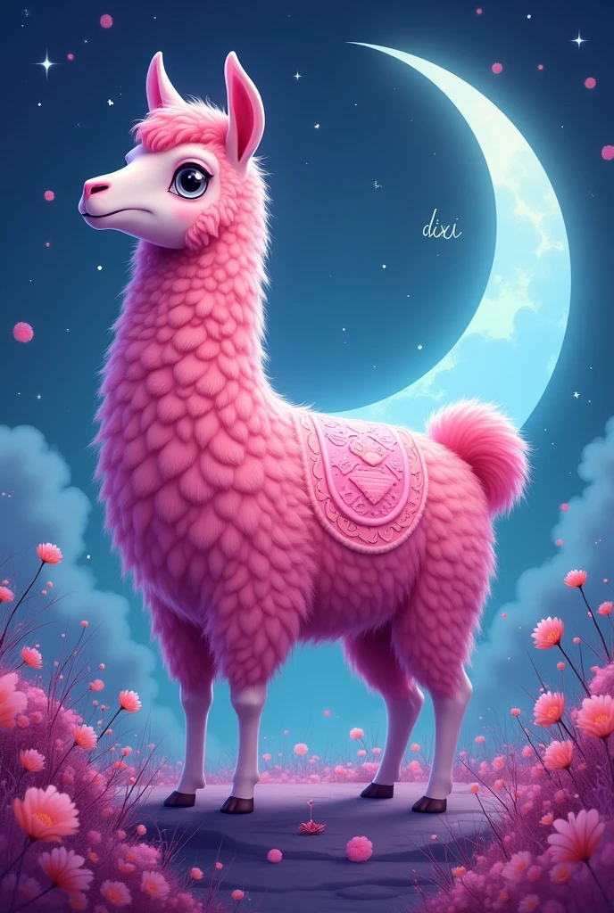 pink llama banner on the background of the moon underneath it is the inscription Dixi