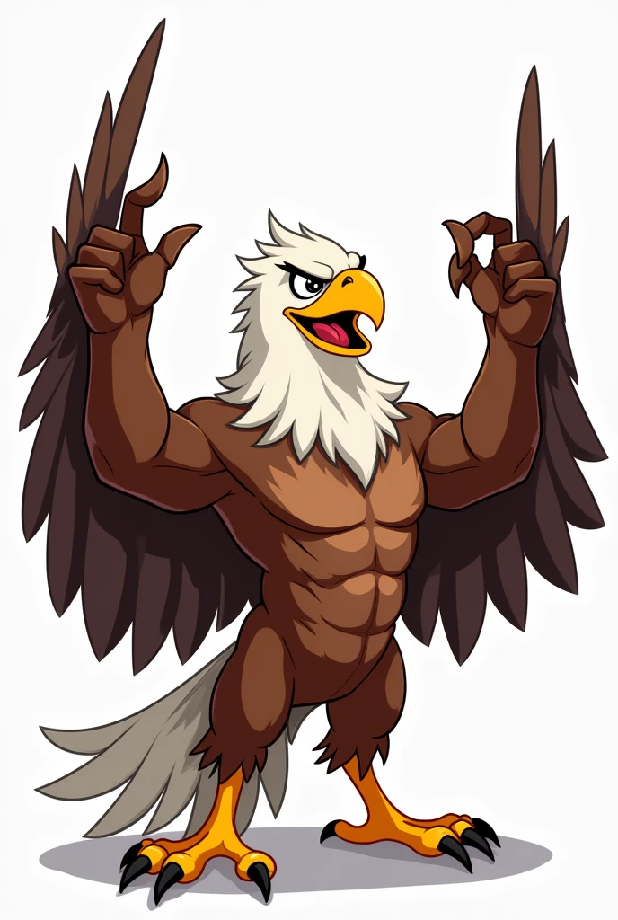 Eagle, muscular, both hands pointing up, full body, Cartoon