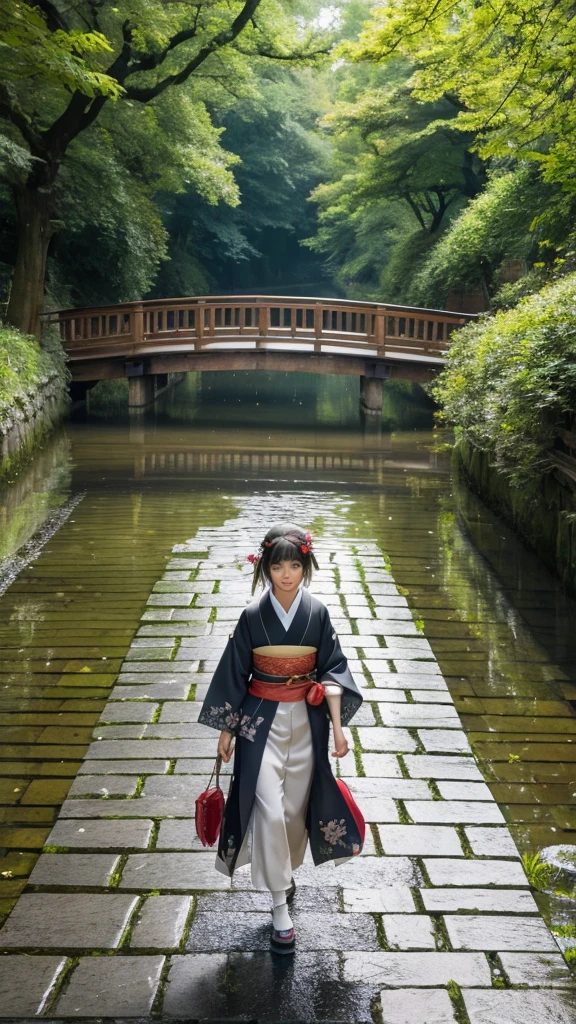 Highly detailed CG Unity 8k wallpaper, Realistic, Handcrafted by Guido Daniele, wearing kimono_Clothes, Wooden bridge, Sakuramon, wreath,lace-trimmed kimono, Stone brick road, Wet roads, geta, Two-toed socks