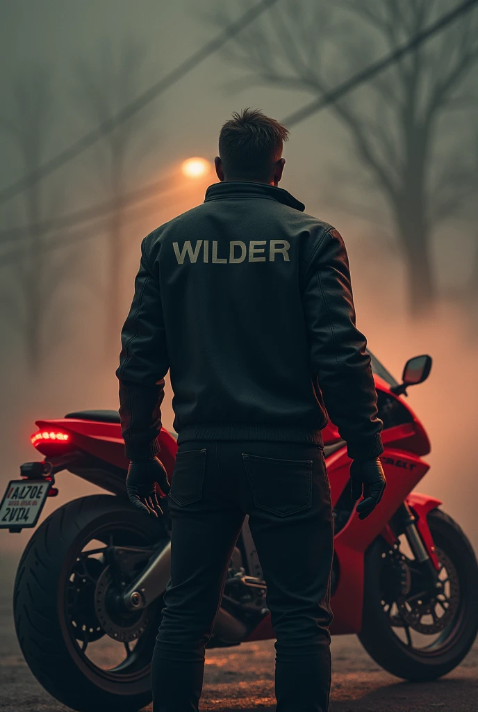As an image of a man standing with his back turned with the name WILDER on his jacket standing in front of an animated red motorcycle