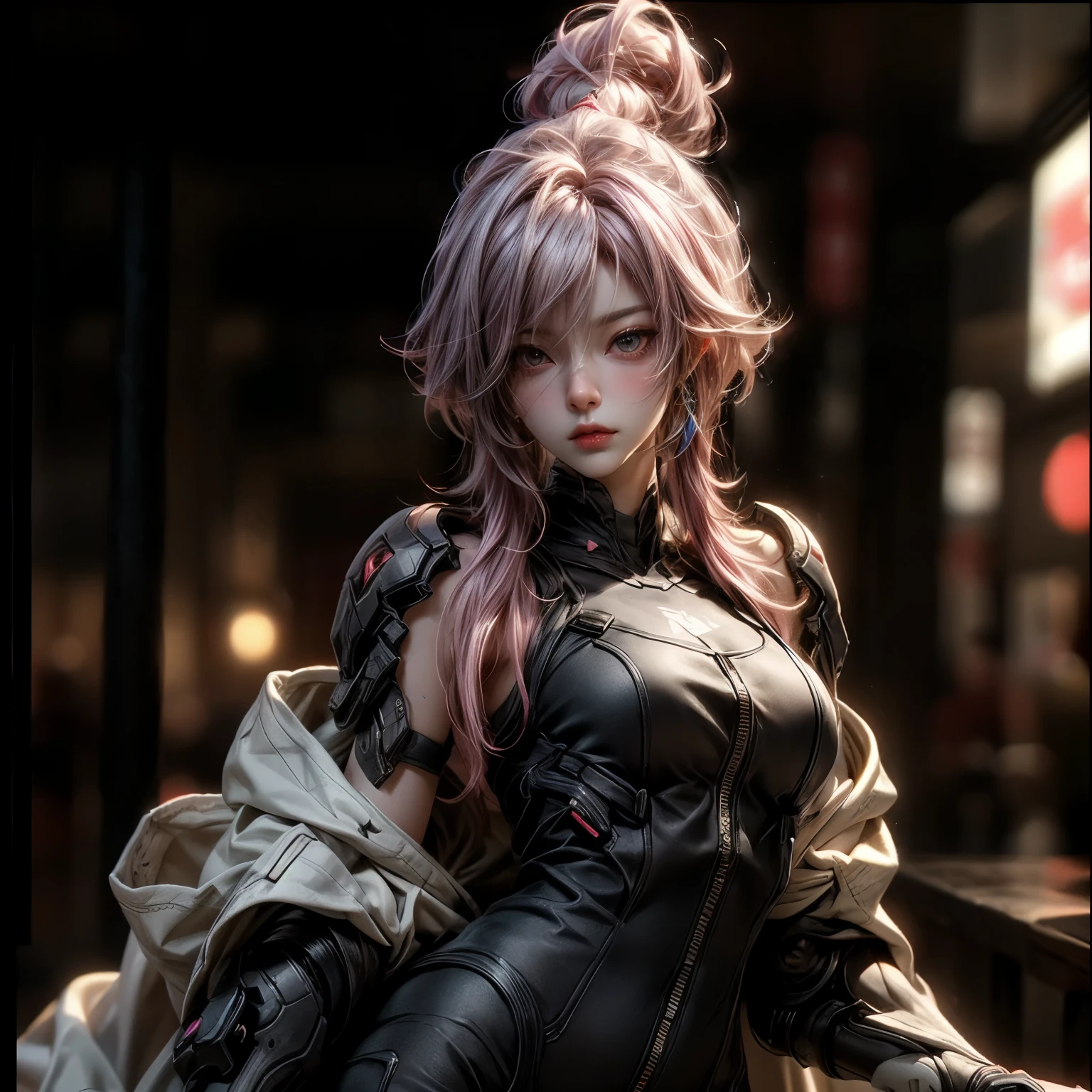(best quality)), ((Masterpiece)), (details:1.4), 3d, HDR (high dynamic range), an image of a beautiful cyberpunk female, Hips up, cyberpunk, Sleek style, Pink hair, High ponytail, beautiful White eyes, จมูกโด่ง, ปากแดง, หน้าอกใหญ่, nvidia RTX, PBR surface, After processing, Anisotropic filtration,depth of field, Maximum clarity and clarity, multi-layered surface, Subsurface scattering, perfect proportions, 8K raw files, ultra detailed, Perfect proportions, volumetric lighting, soft lighting, Holy Paladin, Bio Armor, glossy skin, Castle background, jewely, ต่างหู, นิ้วมือสมบูรณ์,